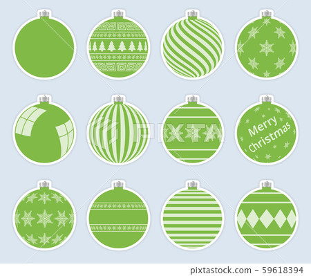 Magic, light green christmas balls stickers isolated on gray background. High quality vector set 59618394