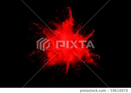 abstract red powder explosion on black background.abstract red powder splatted on black background. Freeze motion of red powder exploding. 59618978