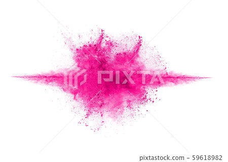 Abstract pink powder splatted background,Freeze motion of color powder exploding/throwing color powder,color glitter texture on white background. 59618982