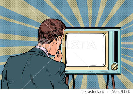 male viewer watching TV. Television propaganda, film and news 59619338