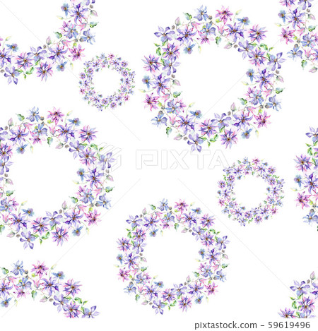 Blue violet clematis bouquet floral botanical flowers. Watercolor illustration set. Seamless Blue violet clematis bouquet floral botanical flowers. Watercolor illustration set. Seamless 59619496