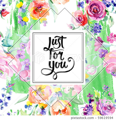 Pink rose bouquet floral botanical flowers. Watercolor background illustration set. Frame border 59619594
