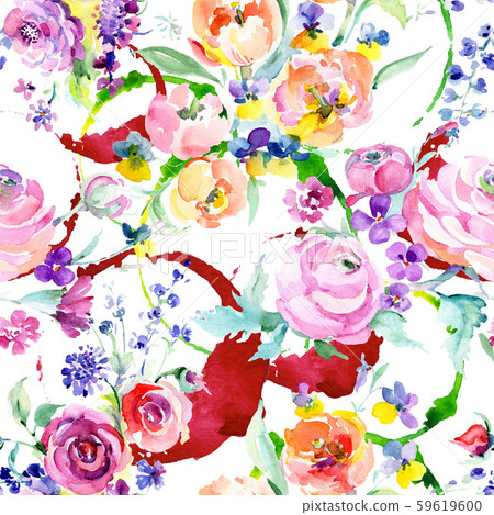 Pink rose bouquet floral botanical flowers. Watercolor background illustration set. Seamless 59619600