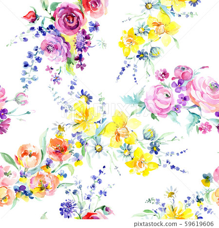 Pink rose bouquet floral botanical flowers. Watercolor background illustration set. Seamless Pink rose bouquet floral botanical flowers. Watercolor background illustration set. Seamless 59619606