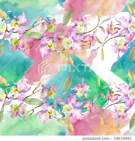 Bouquet of pink orchid. Floral botanical flowers. Watercolor background illustration set. Seamless 59619942