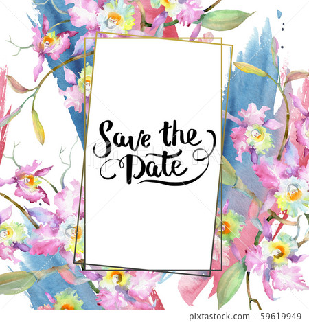 Bouquet of pink orchid. Floral botanical flowers. Watercolor background illustration set. Frame Bouquet of pink orchid. Floral botanical flowers. Watercolor background illustration set. Frame 59619949