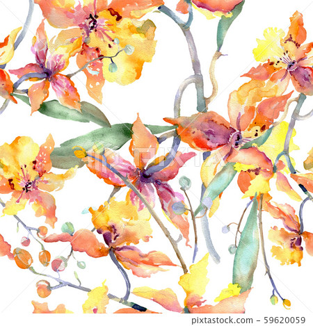 Branch of yellow orchid. Floral botanical flowers. Watercolor background illustration set. Seamless Branch of yellow orchid. Floral botanical flowers. Watercolor background illustration set. Seamless 59620059