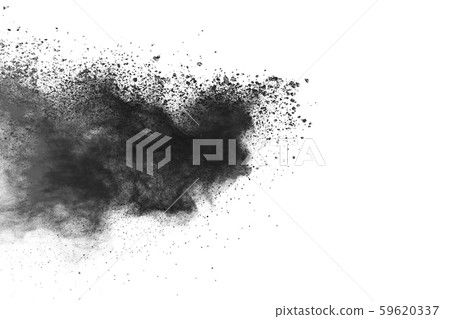 particles of charcoal on white background,abstract powder splatted on white background,Freeze motion of black powder exploding or throwing black powder. 59620337