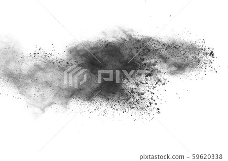 particles of charcoal on white background,abstract powder splatted on white background,Freeze motion of black powder exploding or throwing black powder. 59620338