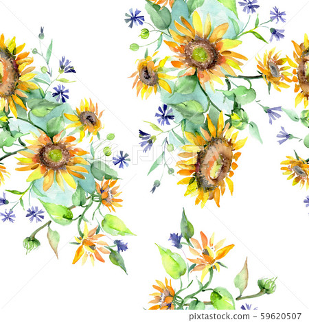 Sunflower bouquet floral botanical flowers. Watercolor background illustration set. Seamless Sunflower bouquet floral botanical flowers. Watercolor background illustration set. Seamless 59620507
