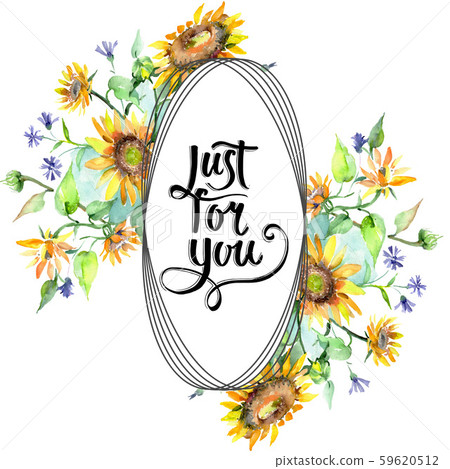 Sunflower bouquet floral botanical flowers. Watercolor background illustration set. Frame border 59620512