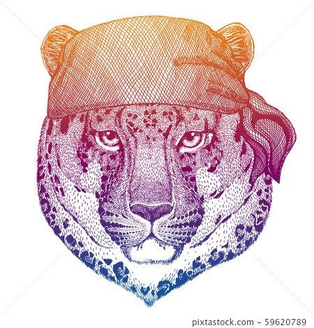 Leopard, panther, jaguar. Wild pirate or biker. Vector animal portrait. Sailor, motorcyclist. Print Leopard, panther, jaguar. Wild pirate or biker. Vector animal portrait. Sailor, motorcyclist. Print 59620789