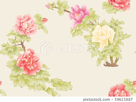Peony tree branch with flowers in the style of Chinese painting 59621687