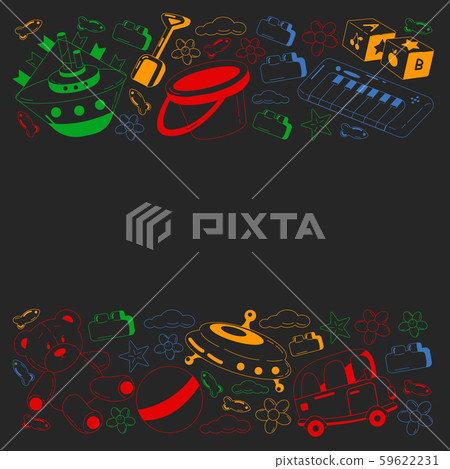 Kindergarten vector pattern with toys. Children play and grow together. 59622231