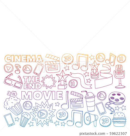 Cinema vector icons. Background with popcorn, movie illustration, musical notes. 59622307