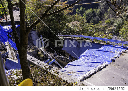 (Yamanashi Pref.) Road collapse site on the Southern Alps Highway / Narada damaged by a typhoon (Yamanashi Pref.) Road collapse site on the Southern Alps Highway / Narada damaged by a typhoon 59623562