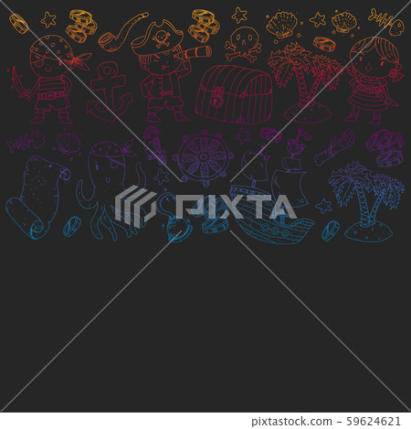 Pirate party. Illustrations for little children. Kids birthday celebration with treasure island Pirate party. Illustrations for little children. Kids birthday celebration with treasure island 59624621