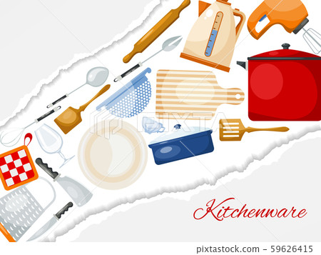 Kitchen utensils and cooking banner vector illustration. Kitchenware for cooking, glass, porcelain Kitchen utensils and cooking banner vector illustration. Kitchenware for cooking, glass, porcelain 59626415