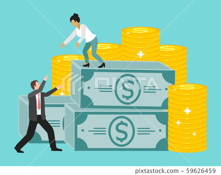 Businesswoman holds out her hand to a colleague helping to climb on pack of money vector Businesswoman holds out her hand to a colleague helping to climb on pack of money vector 59626459