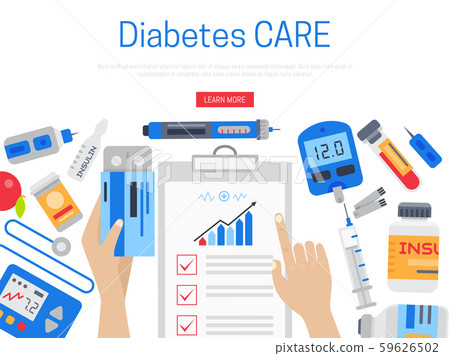 Diabetes mellitus care web banner vector illustration. Doctor cares about diabetics. Sugar and Diabetes mellitus care web banner vector illustration. Doctor cares about diabetics. Sugar and 59626502