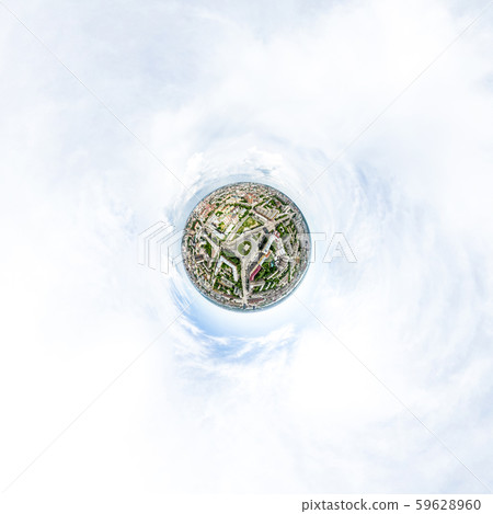 Aerial city view with crossroads and roads, houses, buildings, parks and parking lots. Sunny summer Aerial city view with crossroads and roads, houses, buildings, parks and parking lots. Sunny summer 59628960