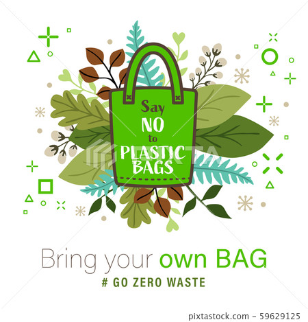 Green Cloth bag with "Say no to plastic bags" word on leaves background. 59629125