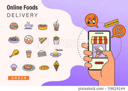 Order foods online from app by smart phone. Fast food delivery Concept illustration. Order foods online from app by smart phone. Fast food delivery Concept illustration. 59629144
