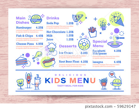 Cute colorful kids meal menu place mat design template. 59629147