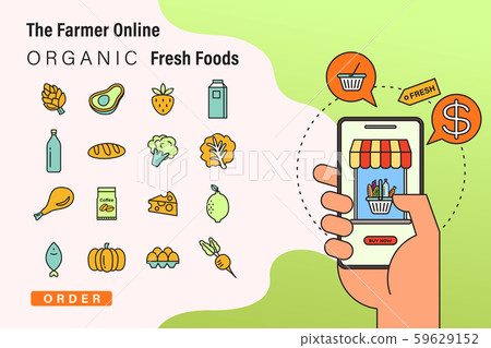 Order fresh organic foods online from app by smart phone. The Farmer online concept illustration. Order fresh organic foods online from app by smart phone. The Farmer online concept illustration. 59629152