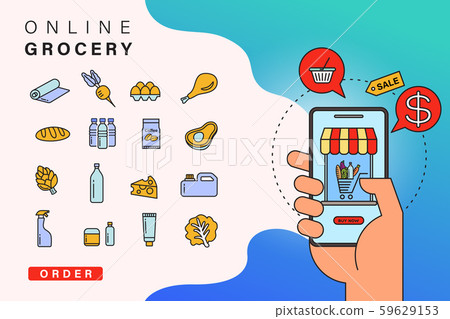 Order grocery online from app by smart phone. Fast delivery concept illustration. 59629153