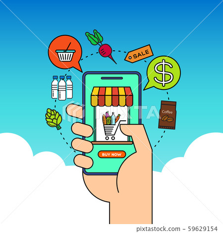 Order grocery online from app by smart phone. Fast delivery concept illustration Order grocery online from app by smart phone. Fast delivery concept illustration 59629154