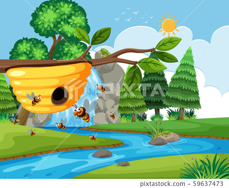 Bee and beehive in nature 59637473