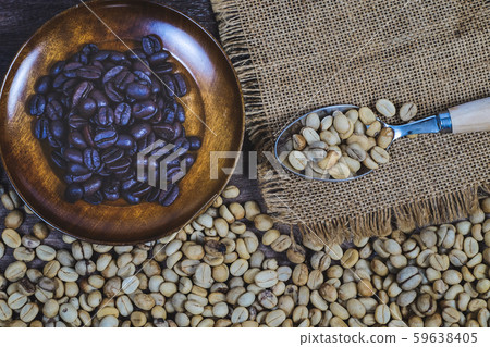 Organic Raw coffee beans with roaster coffee on Organic Raw coffee beans with roaster coffee on 59638405