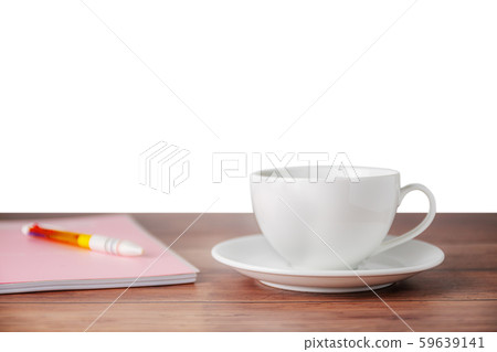 A cup of coffee with notebook on wooden isolated A cup of coffee with notebook on wooden isolated 59639141