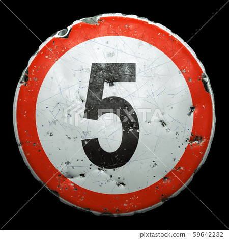 Public road sign in red and white with a capitol letter 5 in the center isolated on black background Public road sign in red and white with a capitol letter 5 in the center isolated on black background 59642282