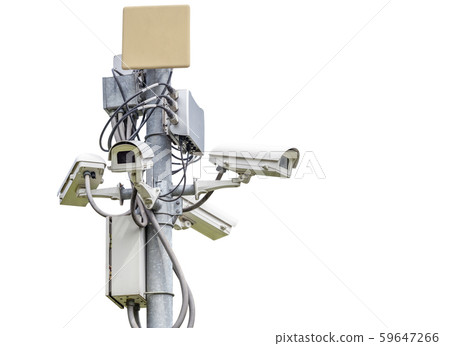 Many CCTV camera fixed on a pole Many CCTV camera fixed on a pole 59647266