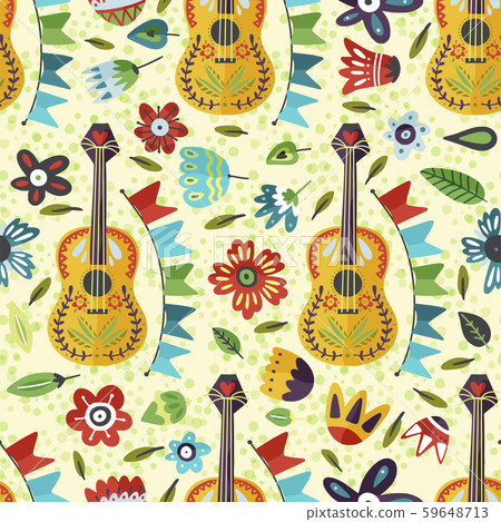 Seamless vector pattern with guitar and flowers. - Stock Illustration ...