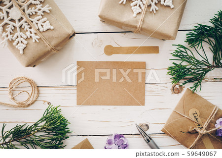 Top view of empty christmas card on wooden table 59649067