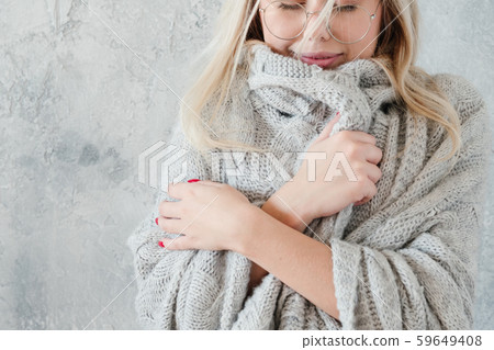 winter coziness peaceful woman knitted blanket winter coziness peaceful woman knitted blanket 59649408