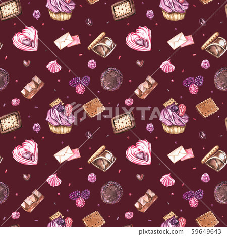 Watercolor image of a seamless pattern of sweets, candies in the shape of hearts, chocolates, cakes 59649643