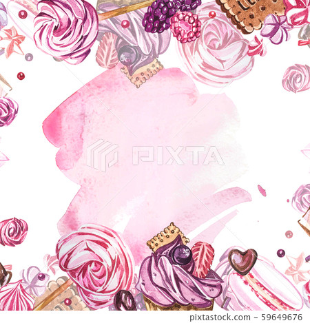 Watercolor sweets collection. Watercolor teamplate of a compositions of sweets, cakes and envelope 59649676