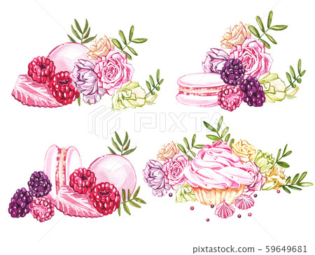 Watercolor sweets collection. Hand drawn watercolor cakes illustrations. Wedding cake, cake with Watercolor sweets collection. Hand drawn watercolor cakes illustrations. Wedding cake, cake with 59649681