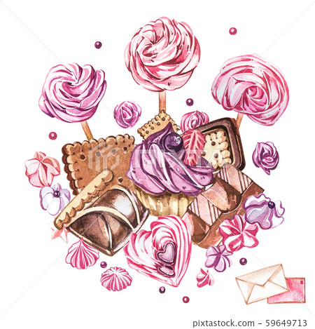 Watercolor sweets collection. Watercolor image of a compositions of sweets, cakes and envelope 59649713