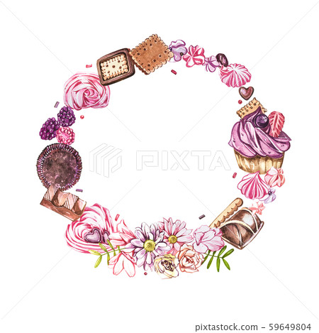 Watercolor image of a wreath of sweets, candies in the shape of hearts, chocolates, cakes and Watercolor image of a wreath of sweets, candies in the shape of hearts, chocolates, cakes and 59649804