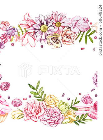 Watercolor sweets collection. Watercolor teamplate of a compositions of sweets, cakes and envelope 59649824