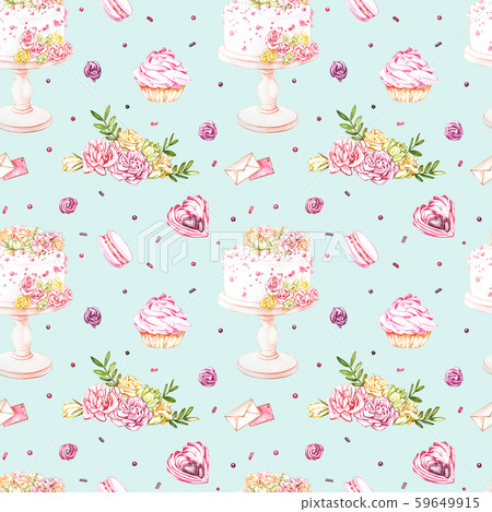 Watercolor image of a seamless pattern of sweets, candies in the shape of hearts, chocolates, cakes 59649915