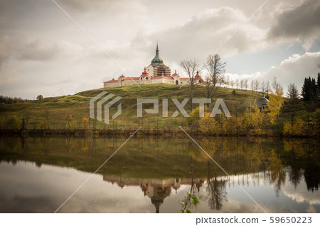 View on church with lake. UNESCO sight Church of st. John Nepomuk - Zelena hora, in town Zdar nad 59650223