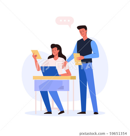 Office workplace. Woman sitting at the table with laptop and man with document Office workplace. Woman sitting at the table with laptop and man with document 59651354