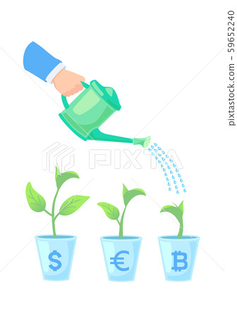 Success business symbol - hand with can watering pot plants. Choice between currencies dollar euro 59652240
