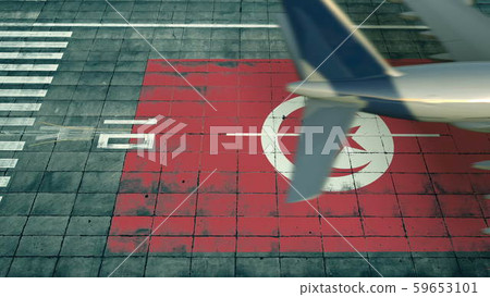 Aerial view of a landing airplane and flag of Tunisia on the airfield of an airport. Air travel Aerial view of a landing airplane and flag of Tunisia on the airfield of an airport. Air travel 59653101